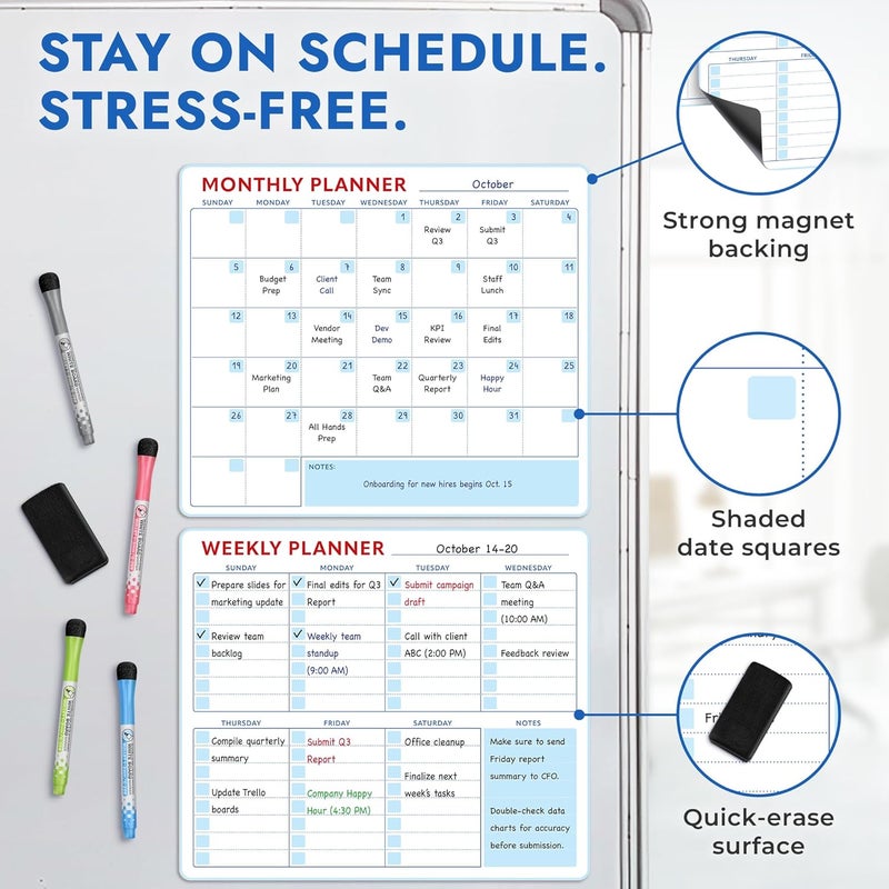Beech & Lambert Magnetic Whiteboard Calendar for Fridge – 2-Pack Monthly & Weekly Planners (14”x12”) – Dry Erase Boards with Notes Section, Shaded Dates – Includes 4 Markers & Magnetic Eraser - Image 3
